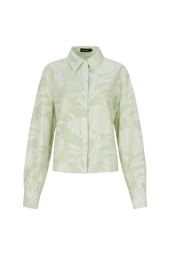 G-maxx blouse Kimberly Light Moss Sand met lange mouwen en losse pasvorm, gedragen door een model.