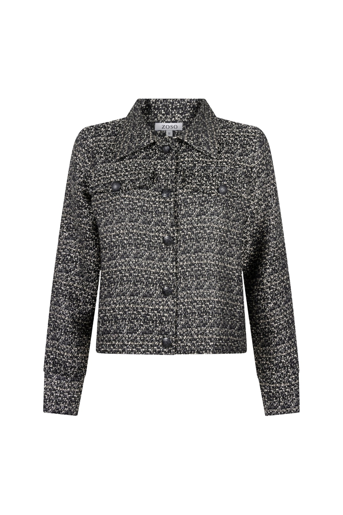 Zoso Kate Black Gold jas met zwarte stof en goudkleurige details, compleet met capuchon en ritssluiting.