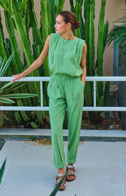 EsQualo Broek Crinkle Modal Jungle Green HS26.05213 Stretchshop.nl