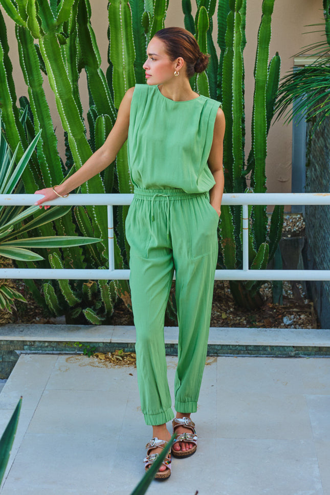 EsQualo Broek Crinkle Modal Jungle Green HS26.05213 Stretchshop.nl