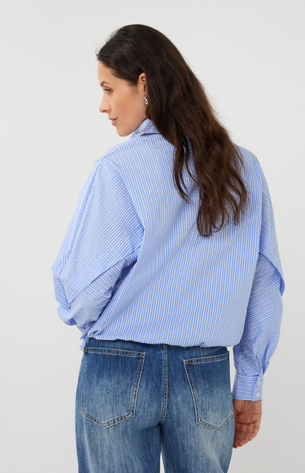 EsQualo Blouse Striped Cropped Batwing Blue White SP26.28002 Stretchshop.nl