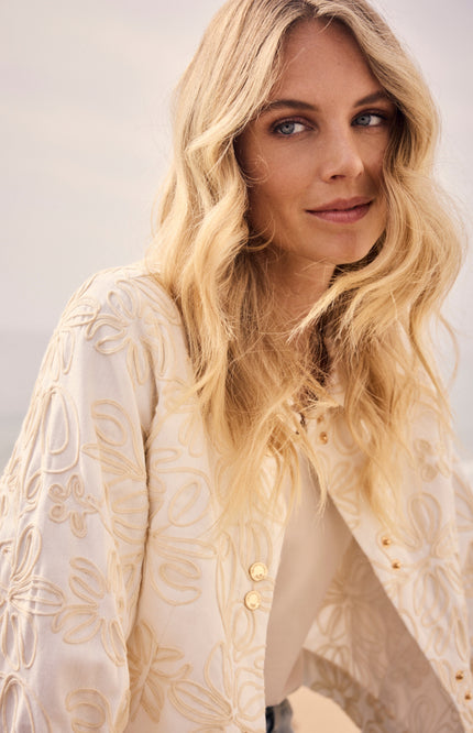 Tramontana Jacket Embroidered Denim Offwhite C38-19-801 2 Stretchshop.nl