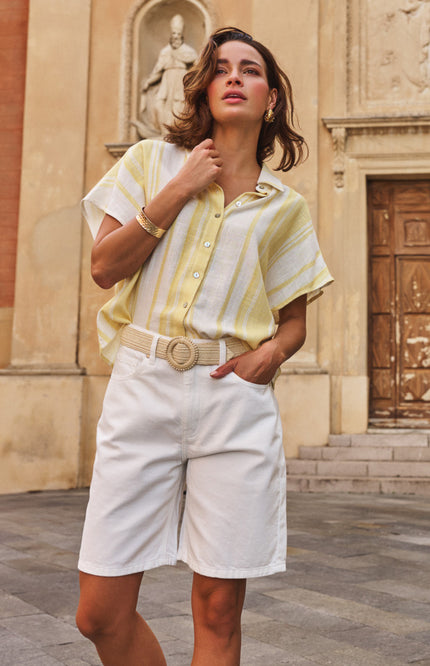 EsQualo Blouse Short Striped Linen Offwhite Lemon HS26.28216 Stretchshop.nl