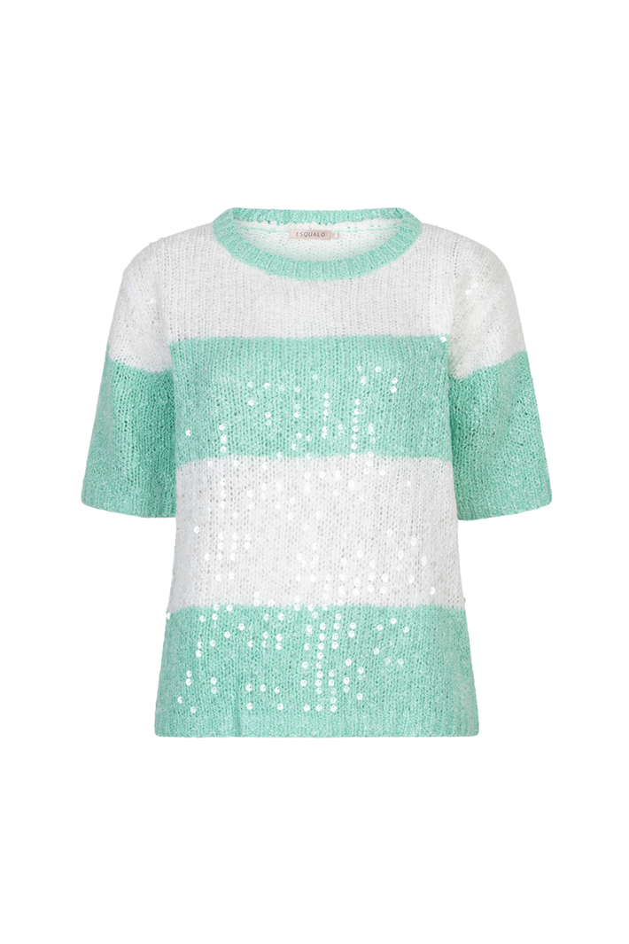 Offwhite en mint gestreepte sequin sweater van EsQualo, dicht gebreid met glanzende details en comfortabele pasvorm