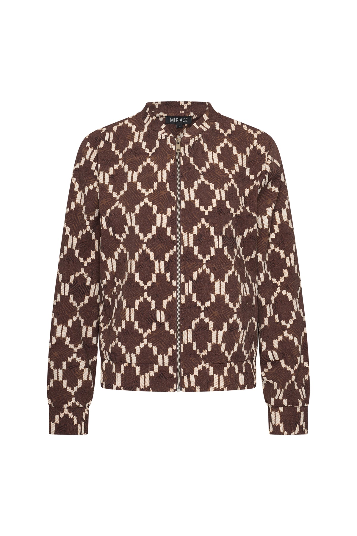 Mi Piace reisjasje met ikat print in espresso kleur, getoond in close-up met details van de stof en patroon.