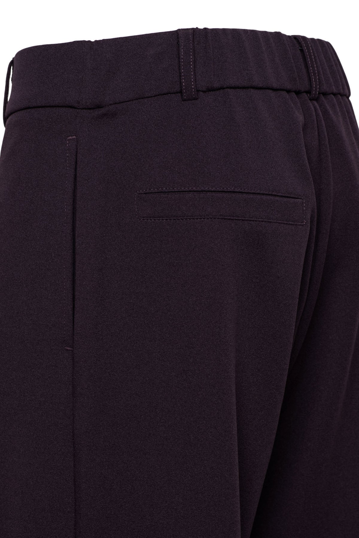 Donkerpaarse broek Gabriella van &Co woman, wijde pasvorm, flexibel materiaal, gedragen door een model op een witte achtergrond.