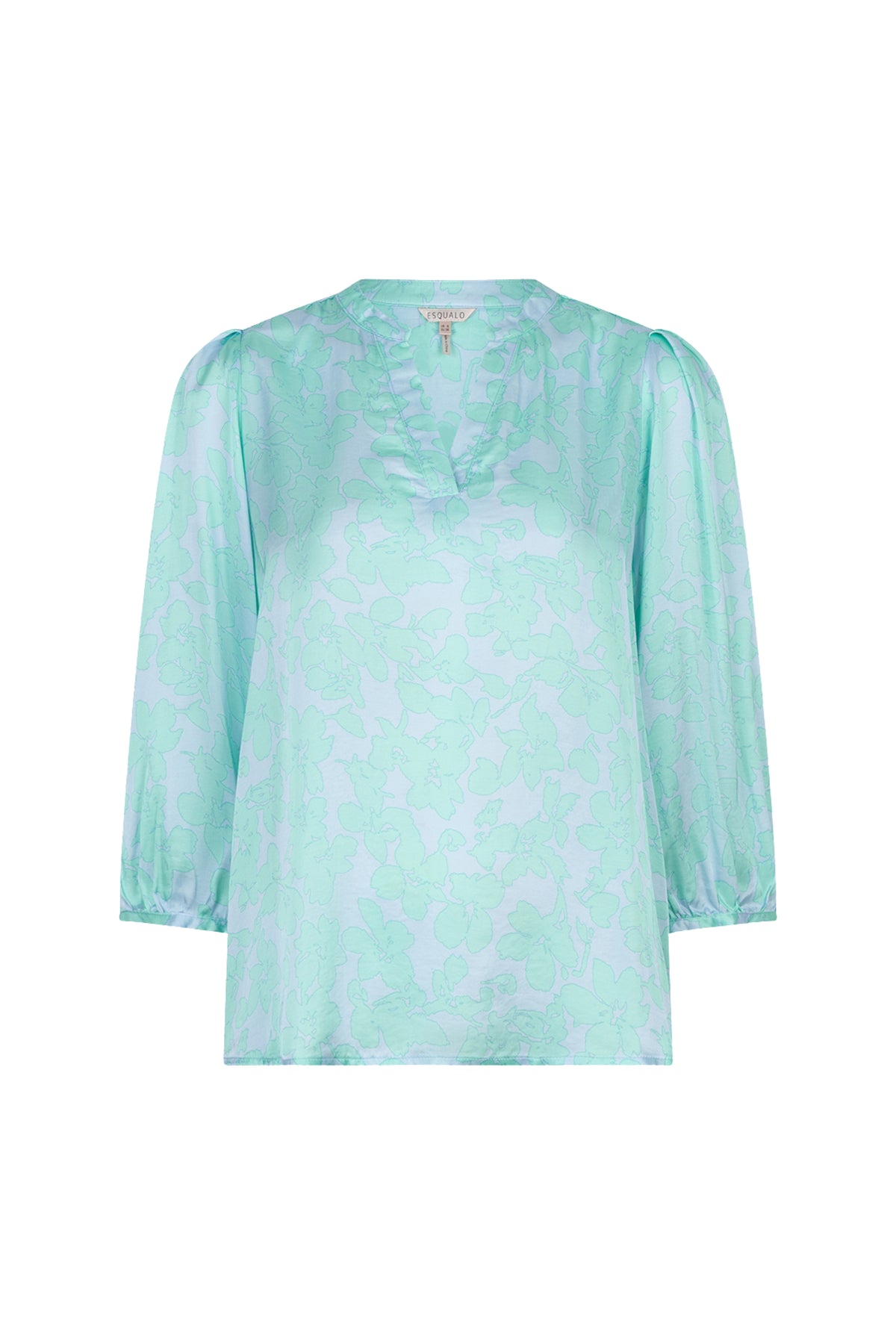 EsQualo V-hals blouse met daglichtprint, lichte stof en lange mouwen, gedragen door een model op een lichte achtergrond.