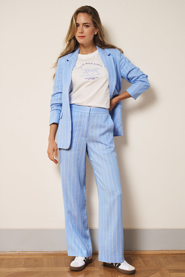 EsQualo Broek Linen Pacific Blue SP26.17006 Stretchshop.nl