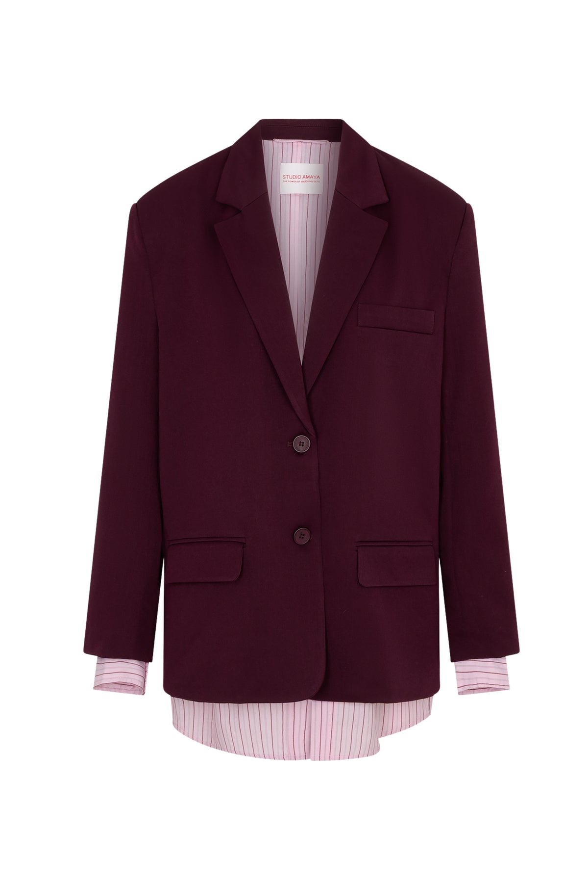 Blazer Haven Bordeaux van Studio Amaya, elegante damesblazer in diepe wijnrode kleur, getoond op een model.