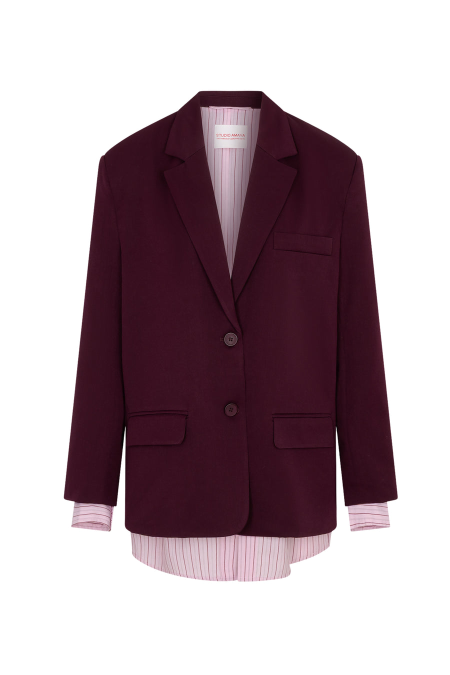 Blazer Haven Bordeaux van Studio Amaya, elegante damesblazer in diepe wijnrode kleur, getoond op een model.