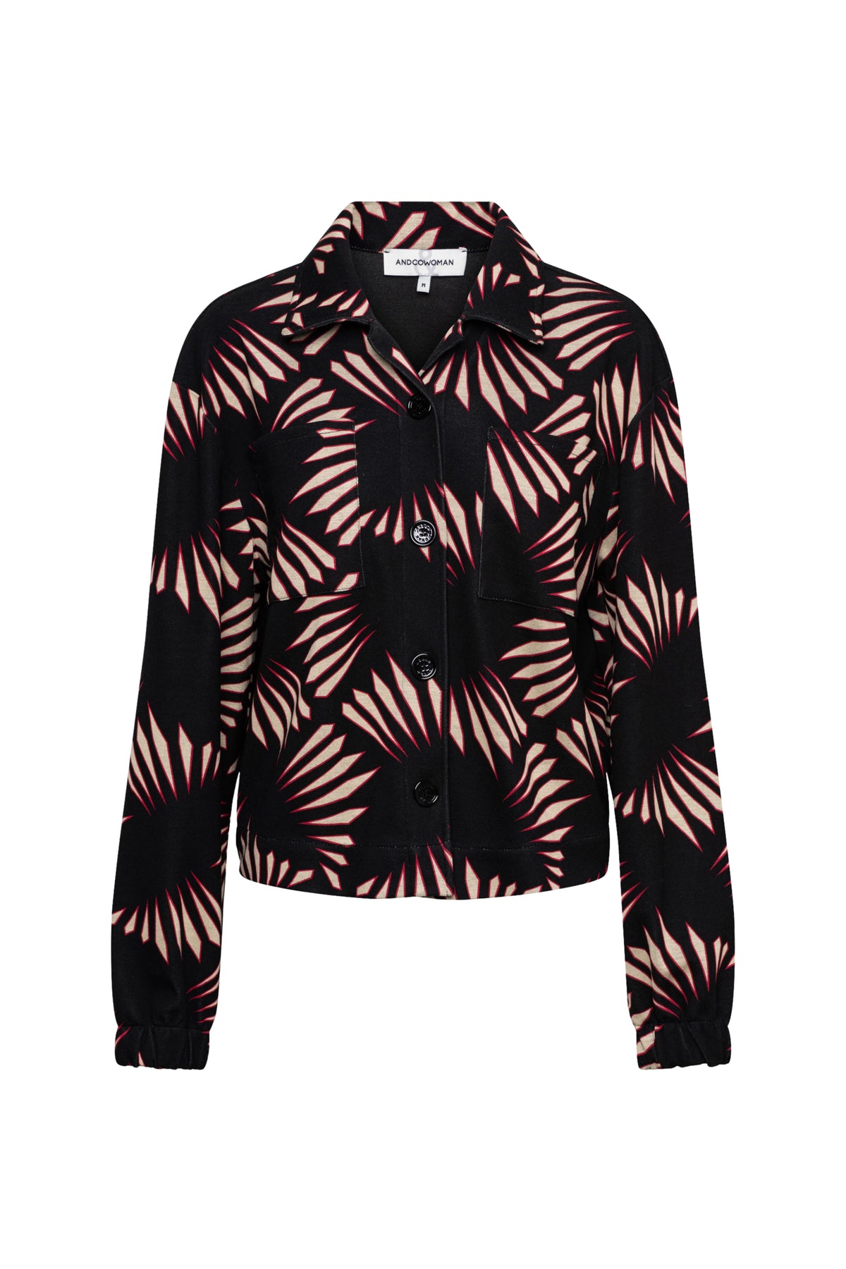 &Co woman Ziga Graphic zwarte en multi-kleur jas met grafisch ontwerp, lange mouwen en ritsluiting.
