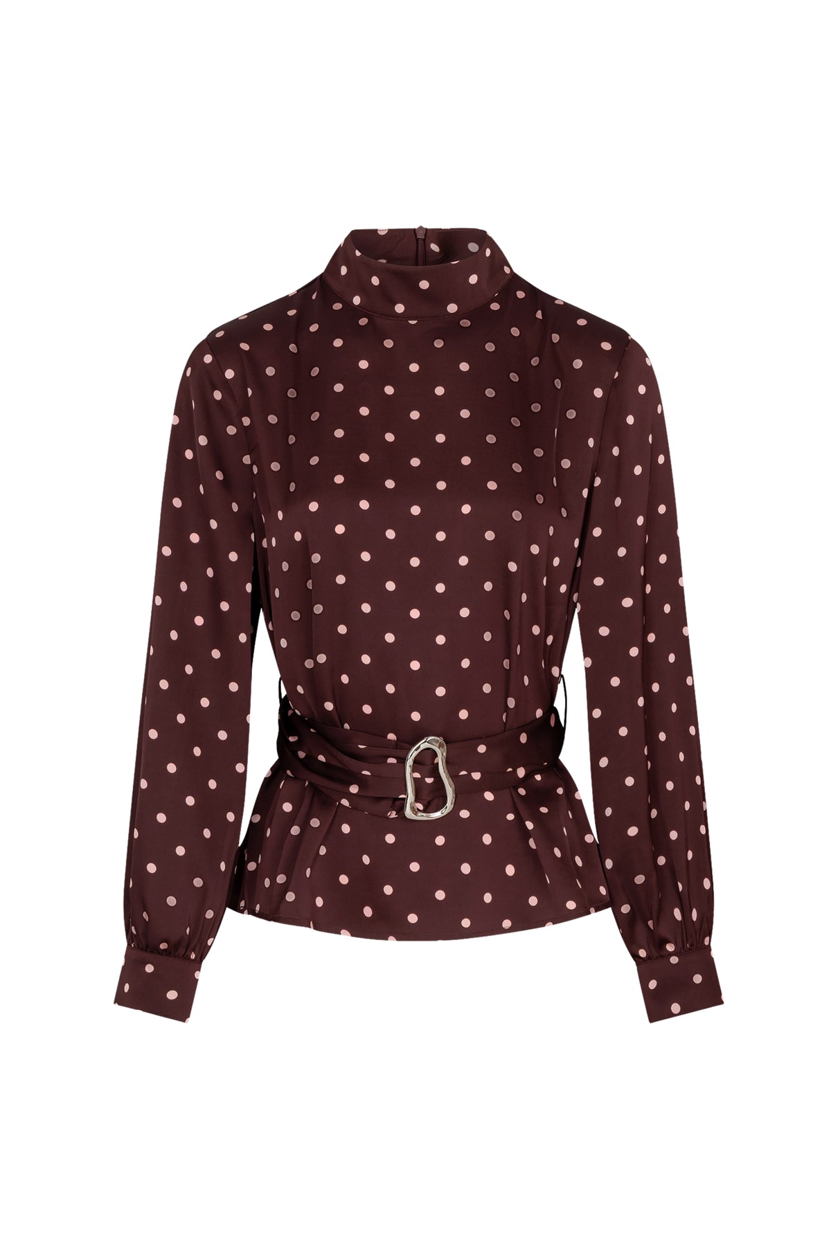 Lichte Bordeaux blouse Selya van Studio Amaya met ronde hals en lange mouwen, gedragen door een model.