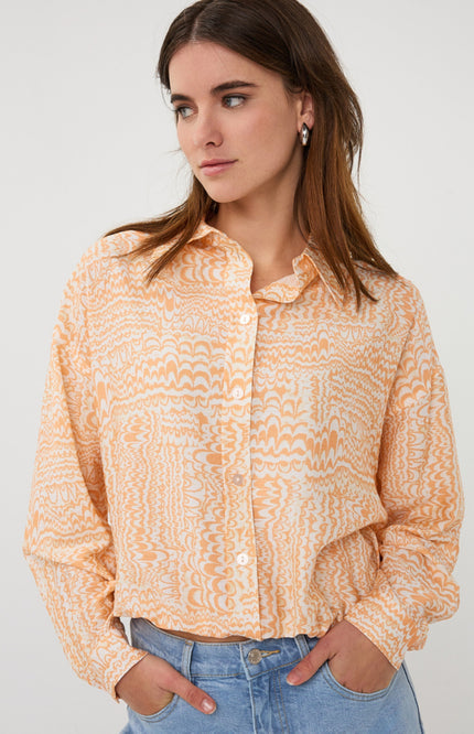 EsQualo Blouse Elastic Bottom Waves Print SP26.10020 Stretchshop.nl