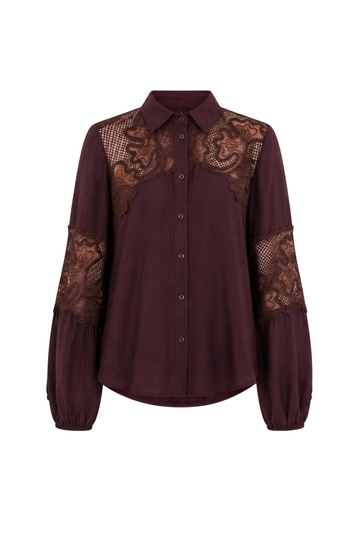 Lieve Tramontana blouse met kanten details in chocoladekleur, korte mouwen en elegante pasvorm.
