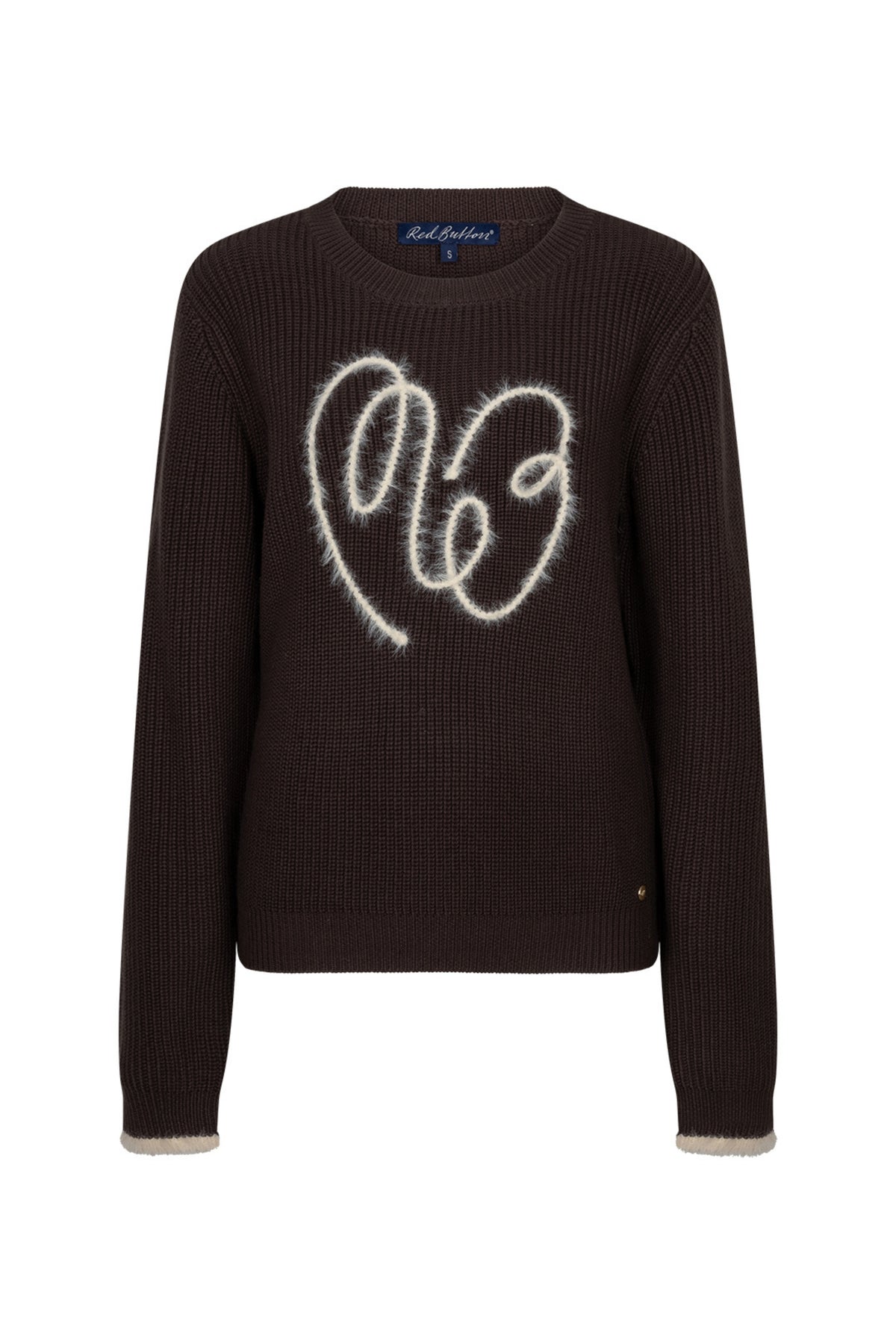 Red Button sweater met Ribbon Logo in espresso, zichtbaar met gedetailleerde knoop en tekstuur.