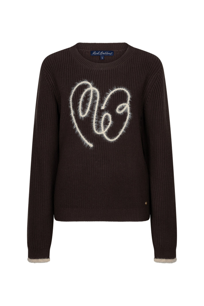 Red Button sweater met Ribbon Logo in espresso, zichtbaar met gedetailleerde knoop en tekstuur.