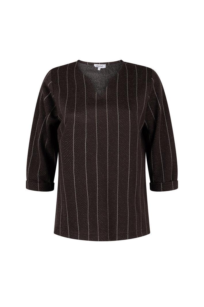 Zoso Lilly Espresso 264 sweater, donkerbruin met ronde hals, gemaakt van zachte breimaterialen, close-up van de stof en textuur