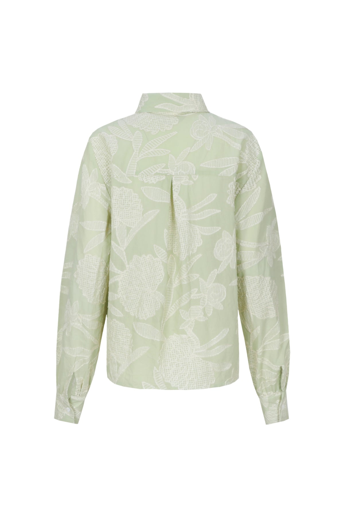 G-maxx Kimberly blouse in licht mosgroen zandkleurige stof, met elegante kraag en lange mouwen, gedragen door een model.