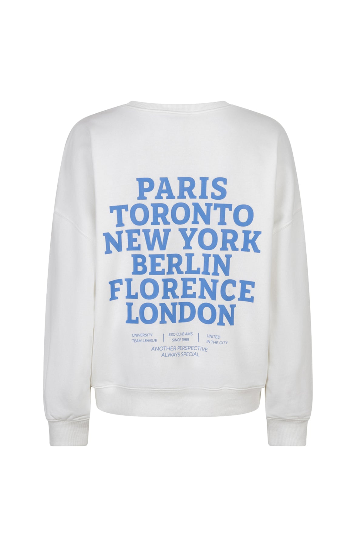 EsQualo Cities Offwhite en blauw sweater met grafisch ontwerp en ronde hals, gedragen door een model.