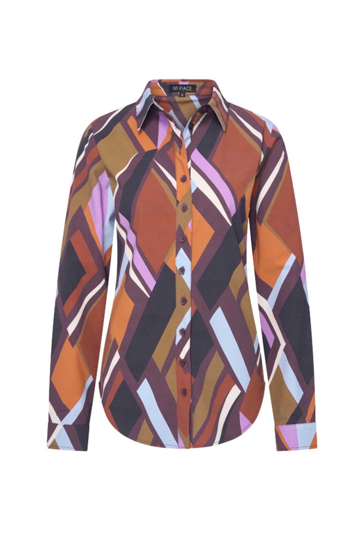 Mi Piace reiskleding blouse met geometrisch fusion print in meerdere kleuren, zichtbaar met vrolijk patroon en comfortabele snit.