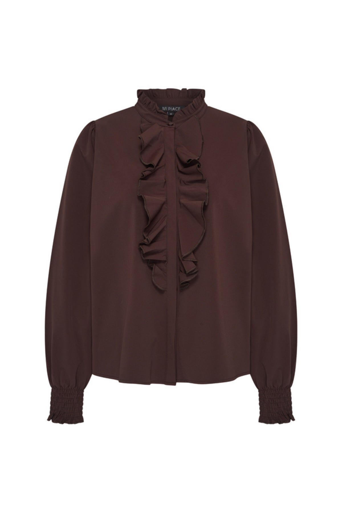 Mi Piace Travel blouse Ruffle in espresso, elegante blouse met ruches en lange mouwen