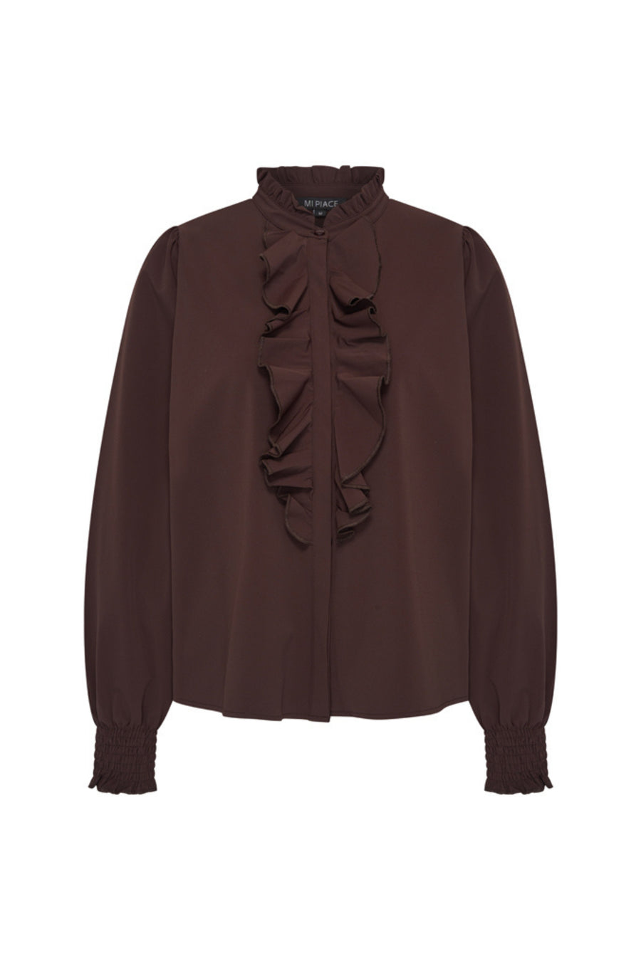 Mi Piace Travel blouse Ruffle in espresso, elegante blouse met ruches en lange mouwen
