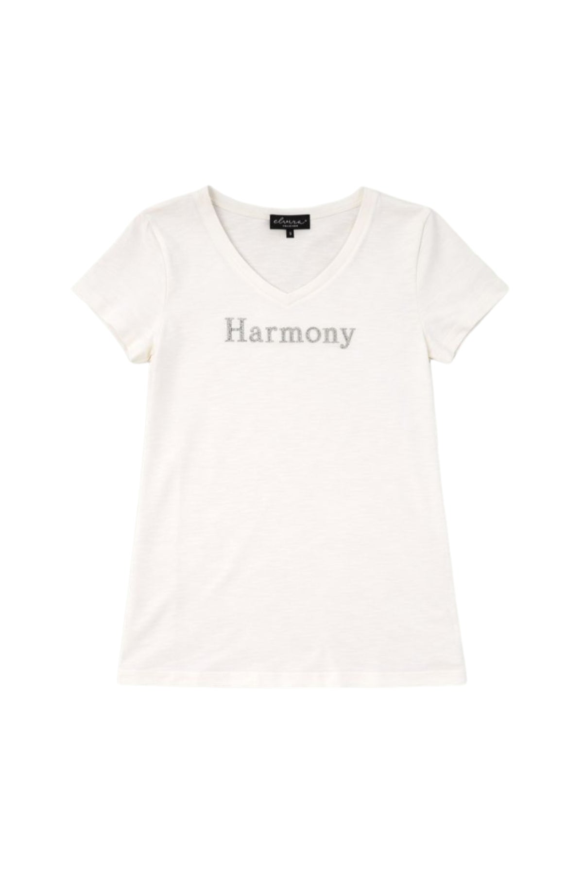 Elvira Casuals Harmony Offwhite Silver T-shirt met zilveren details en comfortabele pasvorm, close-up van de voorkant.