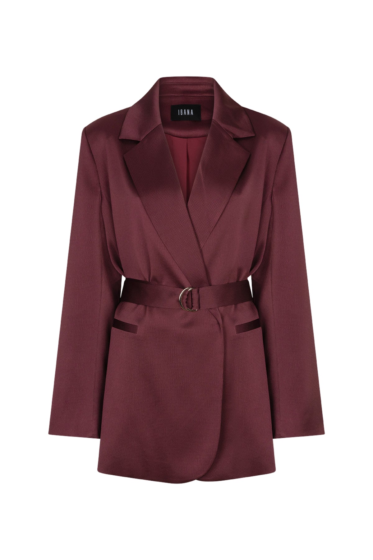 Ibana Janyn Berry Wine blazer in bordeaux kleur, getextureerd stoffen, getailleerd en modieus voor dames.