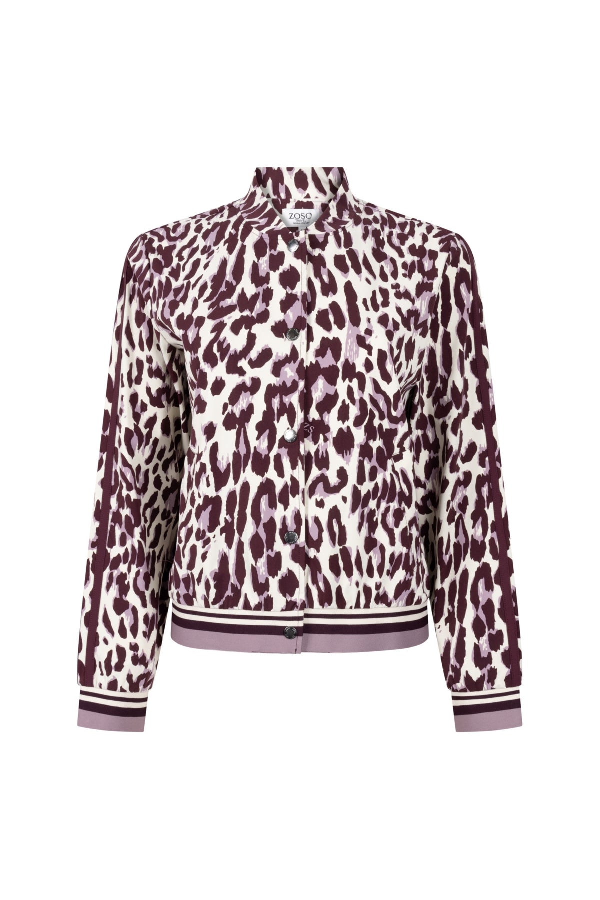 Zoso Travel Jacket Nicoline in mauve en bordeaux, lichte en stijlvolle reiskleding met capuchon en praktische zakken.