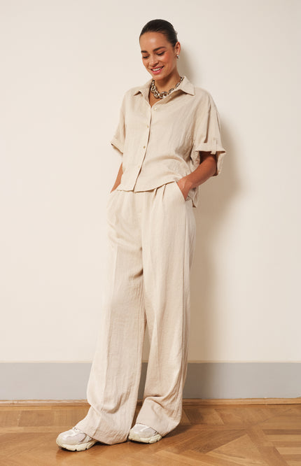 EsQualo Broek Linen Natural SP26.17001 Stretchshop.nl