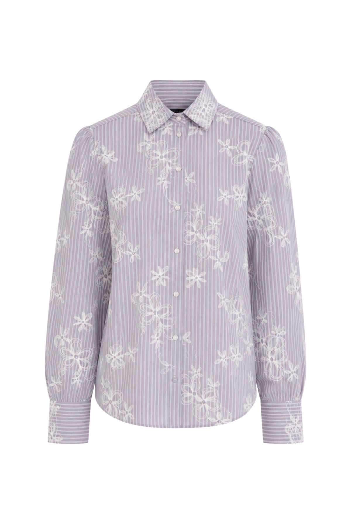 Donkere bruine blouse van Tramontana met geborduurde rhinestones, elegante uitstraling, zichtbaar met details op de voorkant.