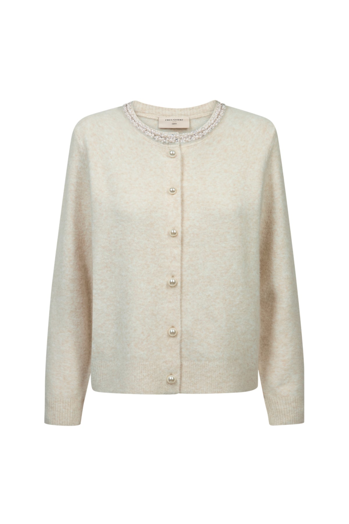 Lichtgrijze Freequent vest Fqgrsflirt Moonbeam Melange met zachte stof en ronde hals, gedragen door een model.