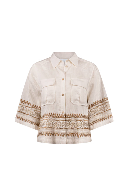Nukus Blouse Bodine Embroidery Offwhite Camel NKS02113 Stretchshop.nl