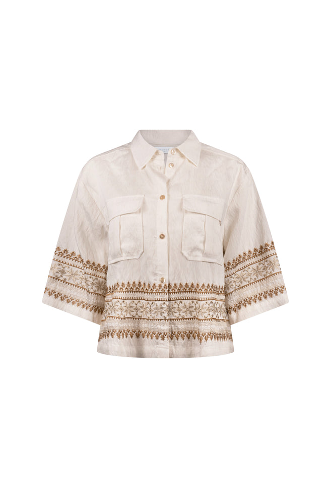 Nukus Blouse Bodine Embroidery Offwhite Camel NKS02113 Stretchshop.nl