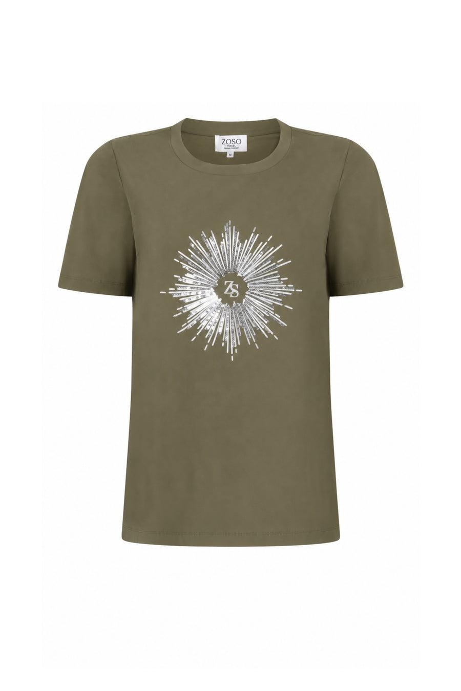 Zoso Travel T-Shirt Vivian Green 265, groene katoenen T-shirt met reisprint, gedragen door een persoon, casual uitstraling.