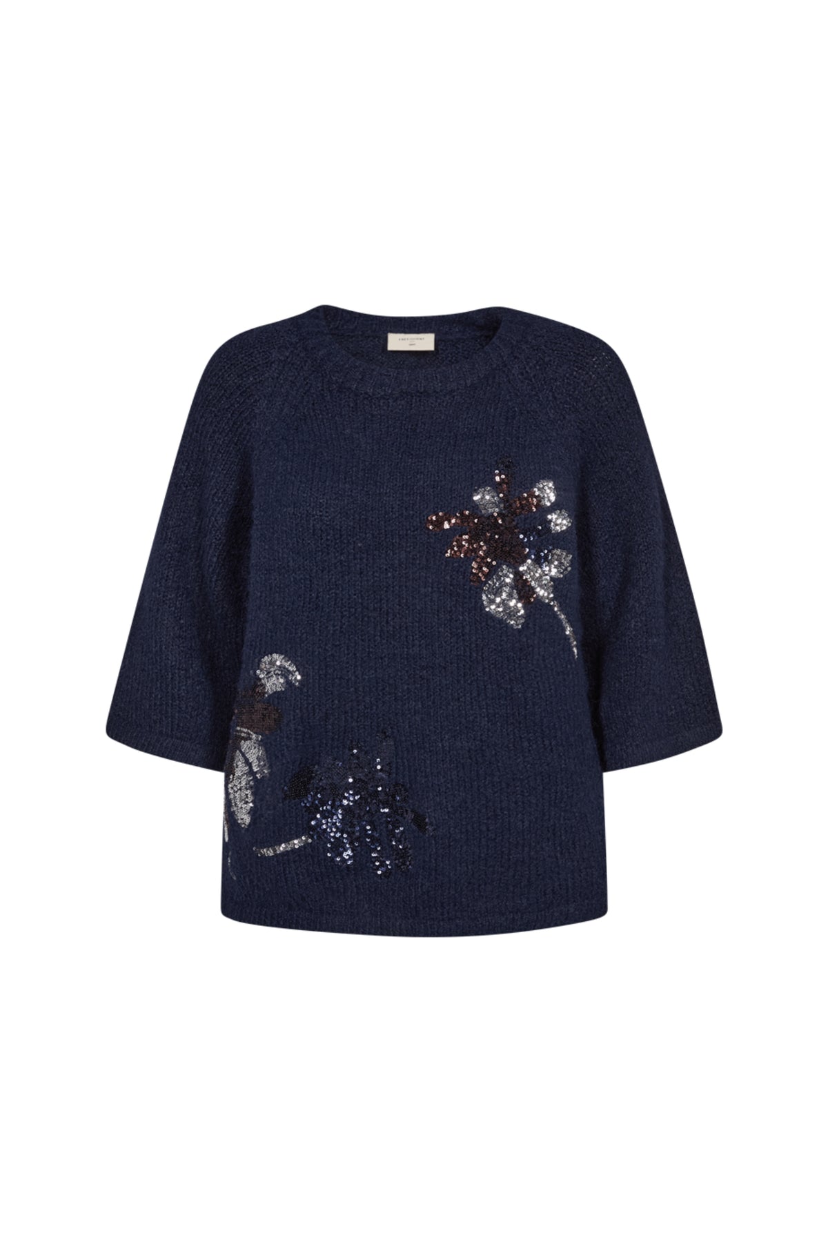 Navy blauwe trui van Freequent met melange patroon en zilveren details, casual stijl, gedrukt op een witte achtergrond.