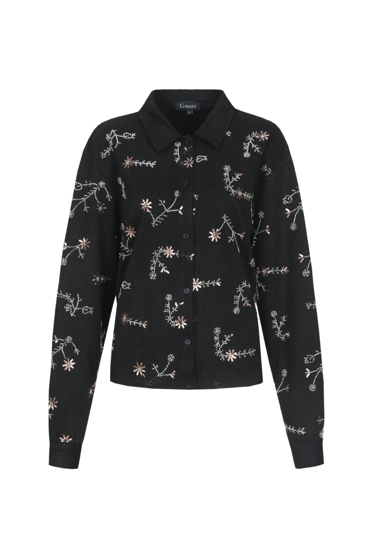 Zwarte blouse Blythely van G-maxx met lange mouwen en ronde hals, gedragen door een model op een witte achtergrond.
