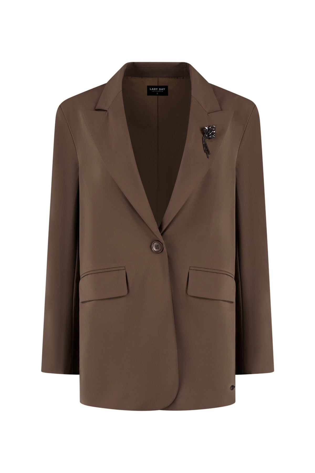 Lady Day Travel Blazer Lori Truffle L46.475.3605, close-up van de lichtbruine blazer met kraag en knopen.