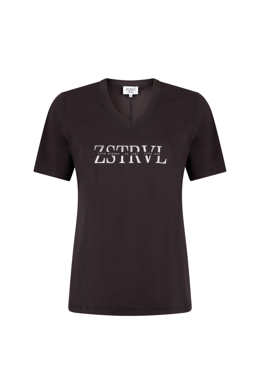 Zoso Travel T-Shirt Joya Espresso 264, grijze katoenen t-shirt met reisprint, casual en comfortabel voor dagelijks gebruik.