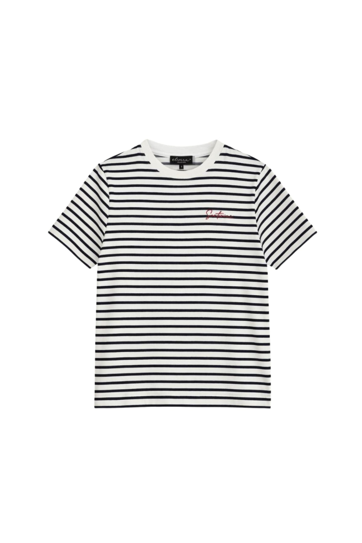 Navy en witte gestreepte Celine T-shirt van Elvira Casuals, casual dameskleding, katoenen top voor dagelijks gebruik