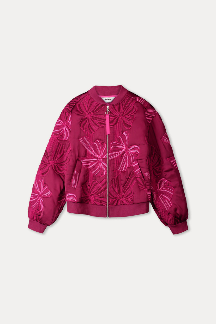 Lichtblauwe POM Amsterdam jas Ashley met geborduurde strikdetails en knoopsluiting, voor dames, casual en stijlvol.