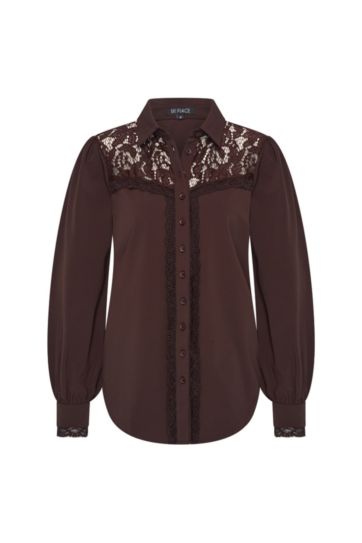 Mi Piace Travel blouse Lace Espresso in espressokleurige travelstof met kanten detail