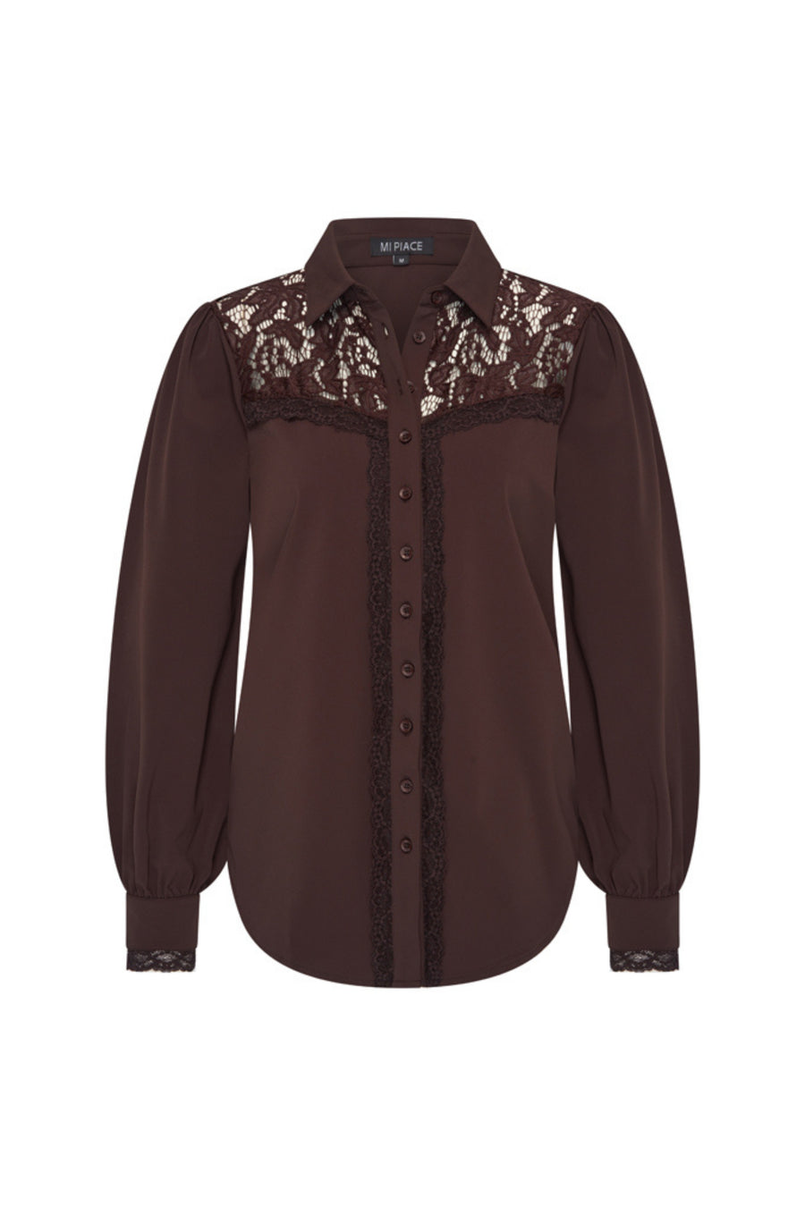 Mi Piace Travel blouse Lace Espresso in espressokleurige travelstof met kanten detail