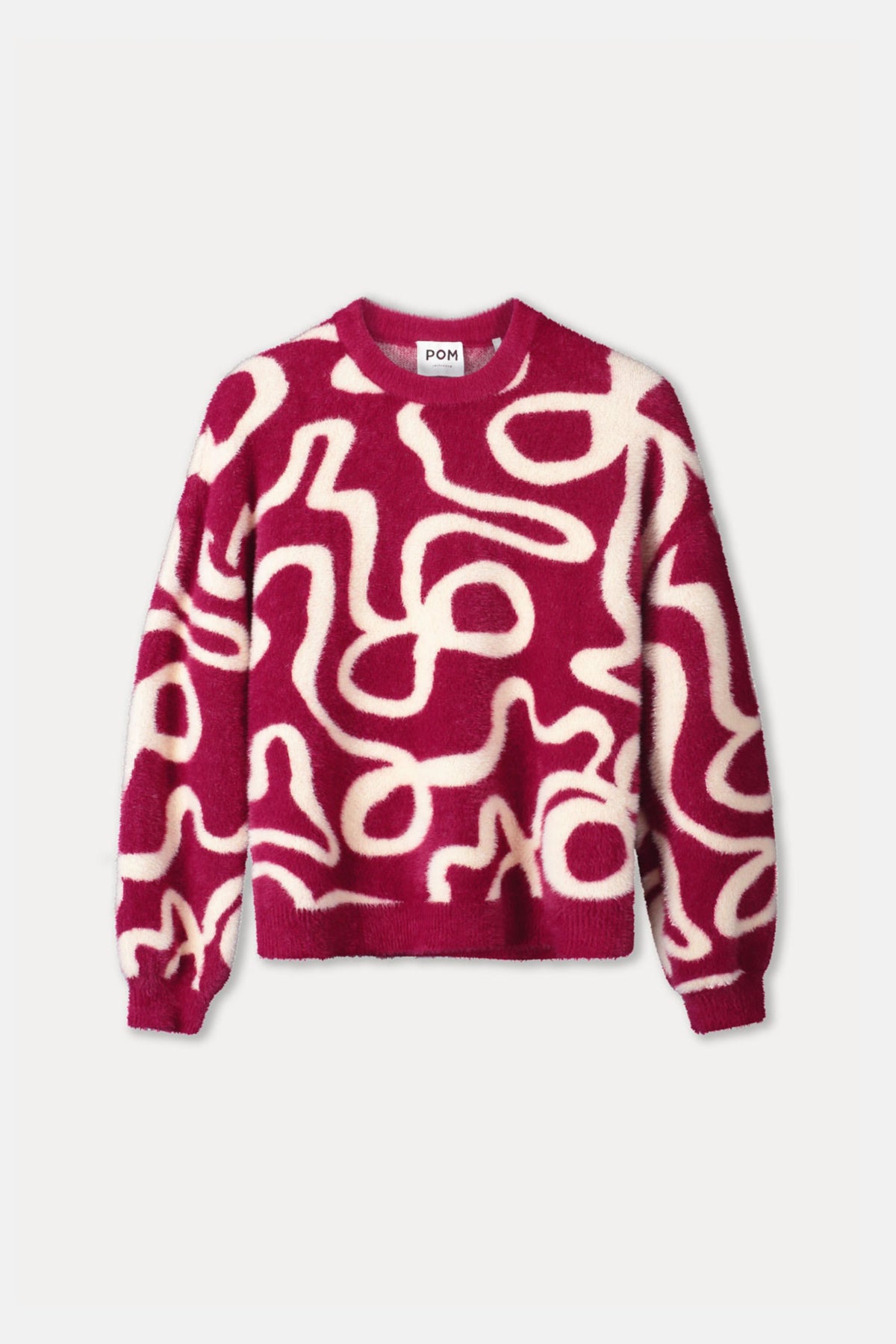 Bordeaux rode trui Frida Bow van POM Amsterdam met zachte stof en stijlvolle knoopdetails, gedragen door een model.