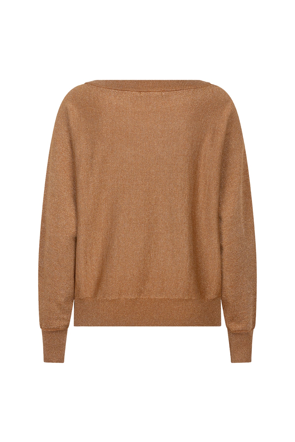 Lurex sweater met batwing-mouw in caramelkleur van EsQualo, zachte textuur en glanzende details, comfortabel en stijlvol.