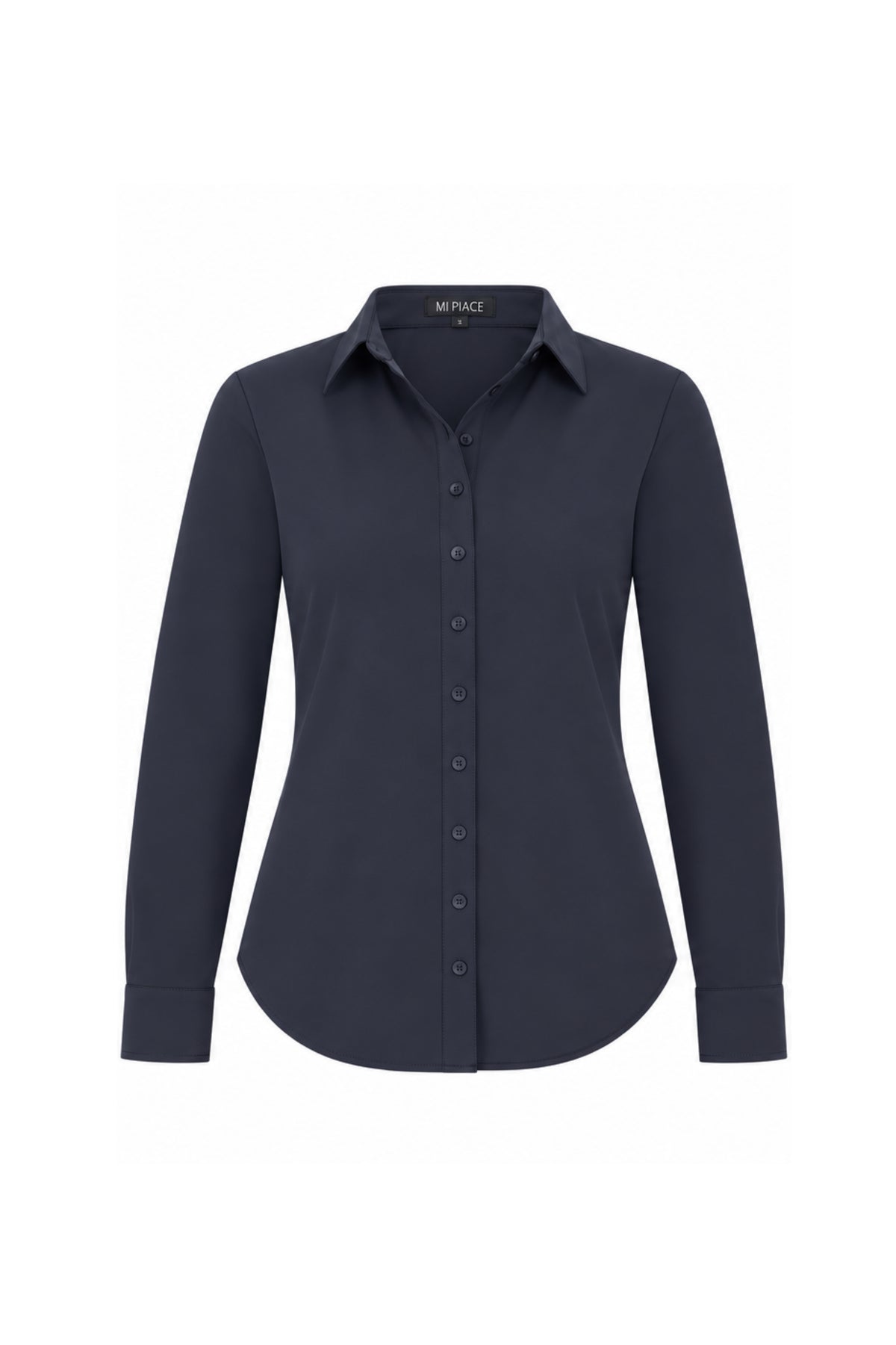 Zijaanzicht van de navy Travel Blouse van Mi Piace met korte mouwen en losvallend ontwerp, geschikt voor reizen en casual dragen.