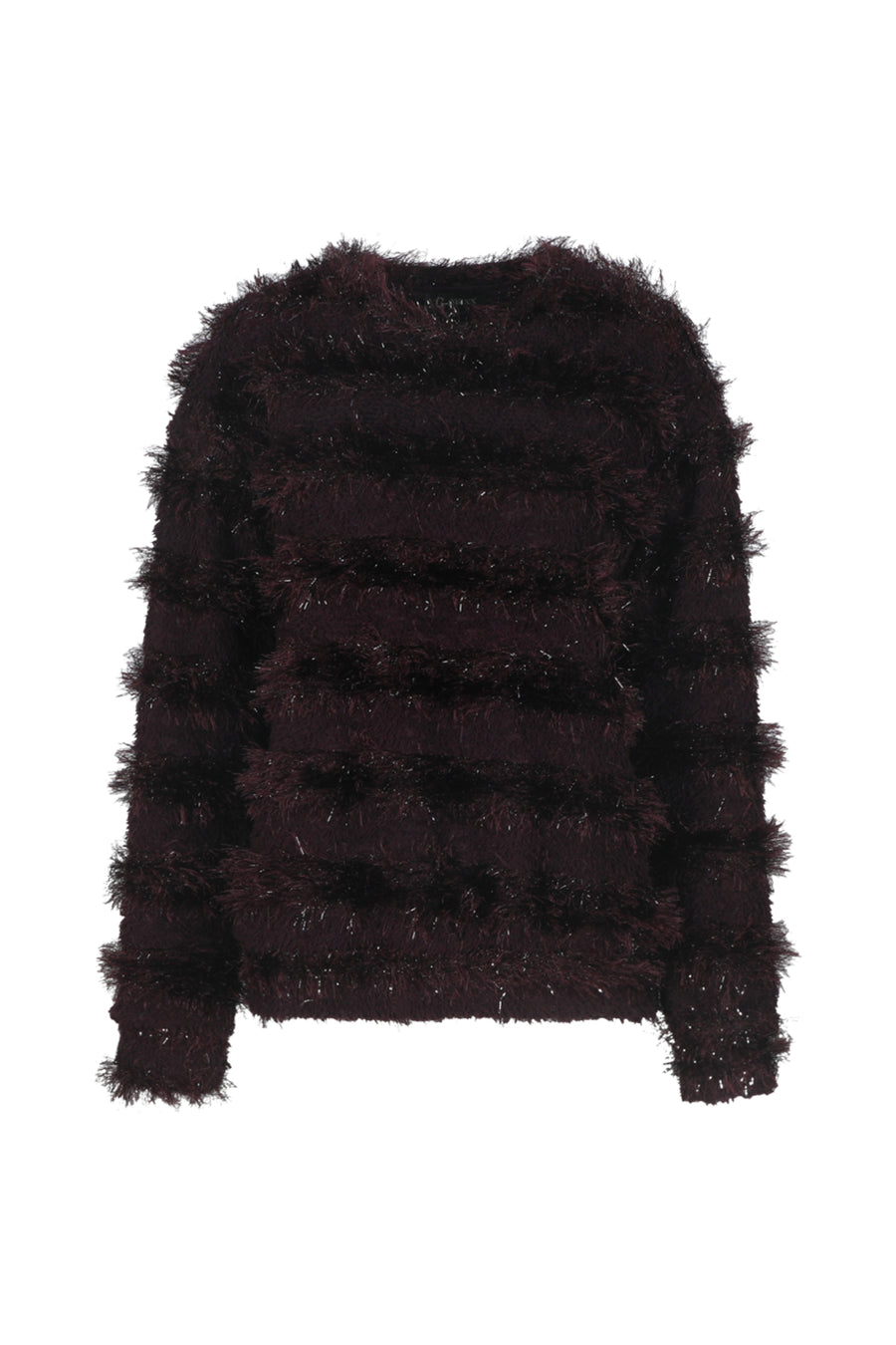 G-maxx Top Amabel Warm in auberginekleurige stof, close-up van de zachte, comfortabele pasvorm en stijlvolle details