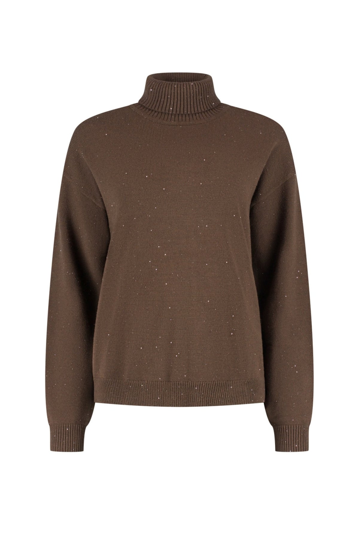 Lady Day Quinn trui in truffle kleur, zachte gebreide sweater met ronde hals en lange mouwen, stijlvolle dames kleding