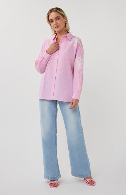 EsQualo Blouse Striped Flower Patch White Pink SP26.14028 Stretchshop.nl