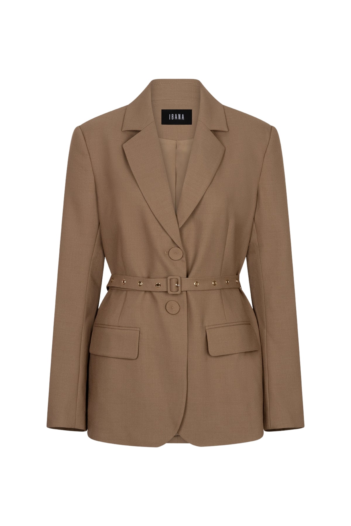 Ibana Janey Savannah beige blazer, close-up van de lichtbruine damesblazer met kraag en knoopsluiting.